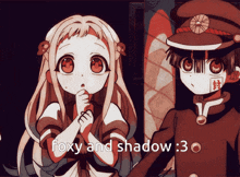 a boy and a girl are standing next to each other with the words foxy and shadow : 3 below them