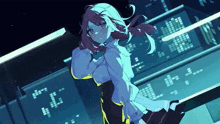 a girl with long hair is standing in front of a building with a city in the background .