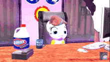 a cartoon character sits at a desk next to a clorox bottle and a mug that says what 's sleep
