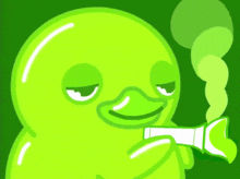 a green duck is smoking a cigarette with smoke coming out of it 's mouth