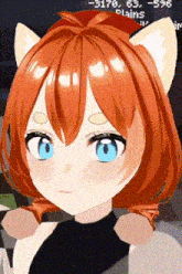 a close up of a cartoon girl with red hair and blue eyes