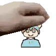 a hand is putting a cartoon character on top of another cartoon character 's head .