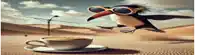 a bird wearing sunglasses is flying over a cup of coffee in the desert