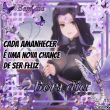 a picture of a girl with purple butterflies and the words bom dia on the bottom