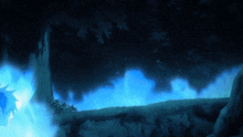a painting of a dark forest with blue smoke coming out of trees
