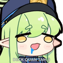 a cartoon drawing of a girl with green hair and the words deck quan tam