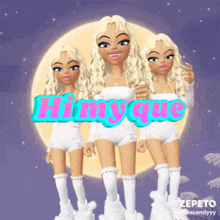 three cartoon dolls are standing in front of a full moon with the words himy que written in pink