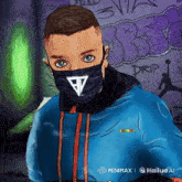 a drawing of a man wearing a mask with the word drip written on the wall behind him