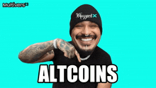 a man wearing a beanie and a black shirt with altcoins written on it