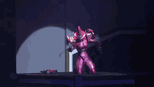 a pink robot is holding a sword and a knife
