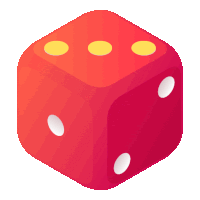 a red dice with three yellow dots on the sides