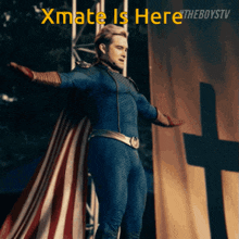 a man in a superhero costume stands in front of a banner that says " xmate is here "