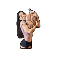 a woman is hugging a bag of bread that says bread on it
