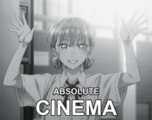 a black and white drawing of a girl with the words " absolute cinema " above her