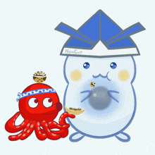 a cartoon drawing of an octopus wearing a blue hat with hancup written on it