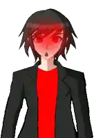 a pixel art drawing of a girl with red eyes and a red shirt