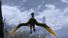 a black and yellow dragon flying in the sky