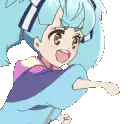 a close up of a cartoon girl with blue hair and a star on her sweater .