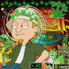 a cartoon of a man with hearts on his head and 4:20 on the bottom right