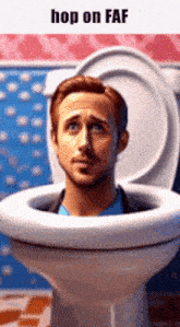 a man is sticking his head out of a toilet with the words hop on faf above him
