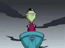 a cartoon character is sitting on top of a blue object with smoke coming out of it