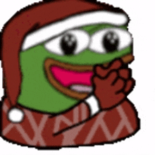 a cartoon frog wearing a santa hat and scarf covering his mouth .