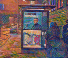 a colorful painting of a bus stop that says verified phenoms on it