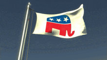 a white flag with a red elephant and stars on it
