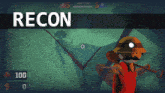 a video game screen shows a man holding a gun and the word recon above him