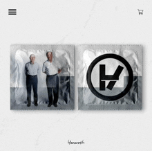 two men are standing next to each other in a condom with the letter h on it