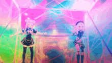 two anime girls are dancing in a room with a rainbow background