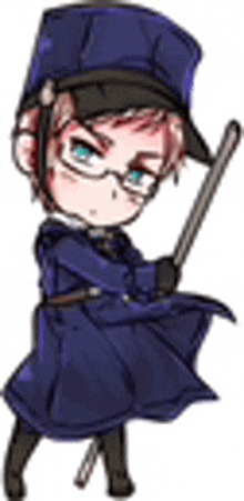 a chibi drawing of a boy in a blue uniform holding a sword .