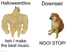 a picture of a muscular dog next to a picture of a sad dog that says " noo! stop "
