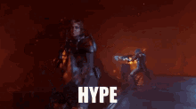 a video game character is holding a gun and the word hype is on the screen .