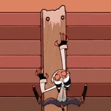 a cartoon character is hanging upside down on a wooden board