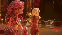 a girl with pink hair is standing next to a blonde girl with blonde hair