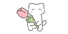 a drawing of a cat holding a pink flower in its mouth .