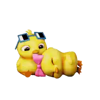 a cartoon duck with sunglasses and a pink bow