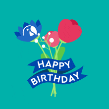 a bouquet of flowers with a blue ribbon that reads happy birthday