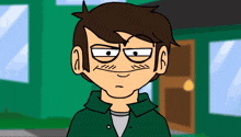 a cartoon character with brown hair and a green shirt makes a funny face