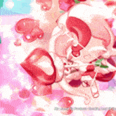 a pink and white cartoon character is surrounded by pink hearts
