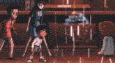 a group of cartoon characters are standing in a room looking at something .