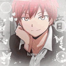 a close up of a person with red hair and the words karma de vanity