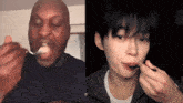 a man and a woman are eating with spoons in their mouths