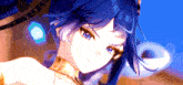 a close up of a blue haired anime girl with blue eyes