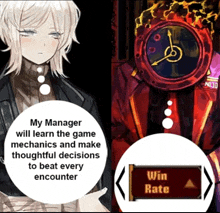 a picture of a girl next to a picture of a clock that says win rate on it