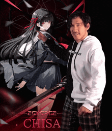a man in a black and white hoodie stands next to a girl with the name chisa