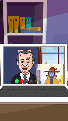 a cartoon of a man talking on a video call with a robot with the letter w on his face