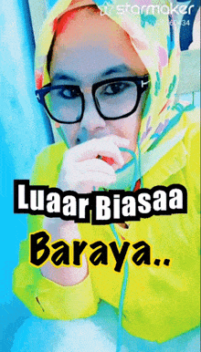 a woman wearing glasses and a scarf with the words luaar biasaa baraya on the bottom