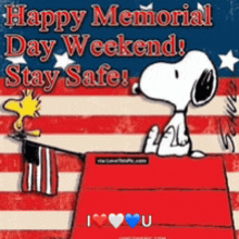 a happy memorial day weekend greeting with snoopy and woodstock